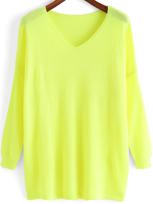 Neon Yellow V Neck Loose Knit Sweater